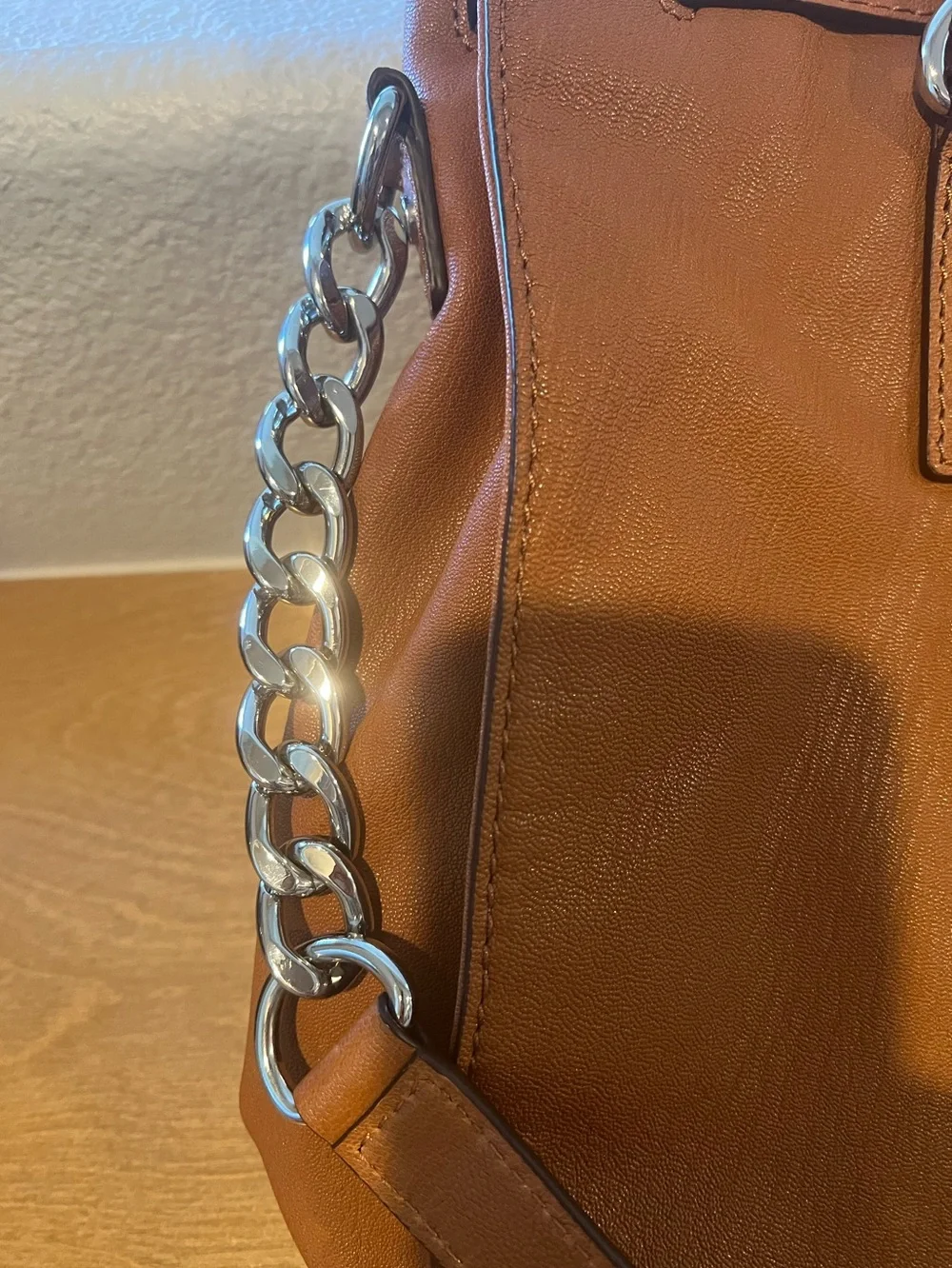 Michael Kors Hamilton Large Leather Satchel Luggage Brown Lock Key Shoulder Bag
